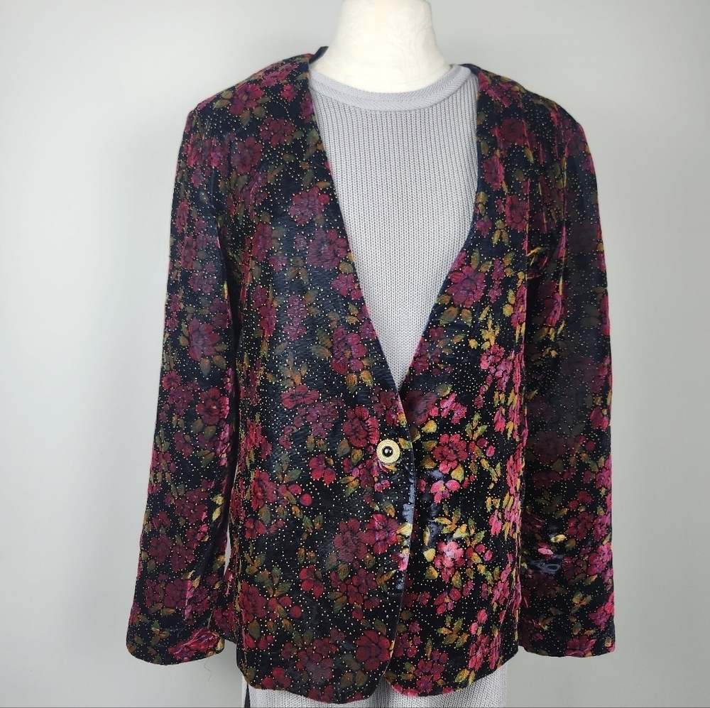 VTG Velvet Statement Jacket Floral Sparkle Black Size M - Picture 3 of 13